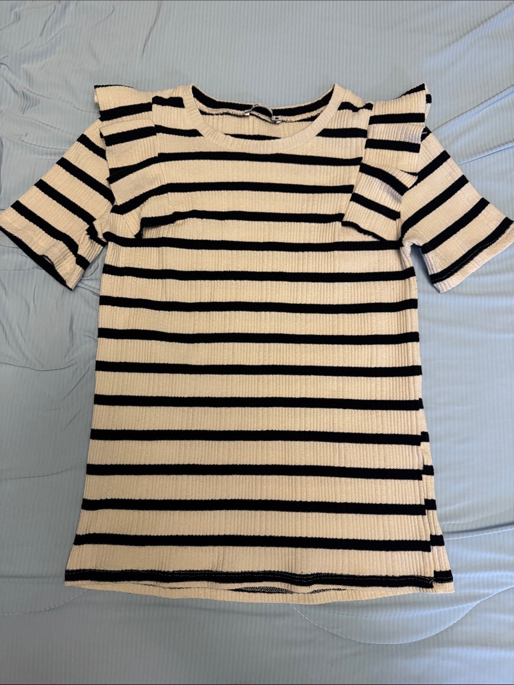 Striped short sleeve knit top with ruffles